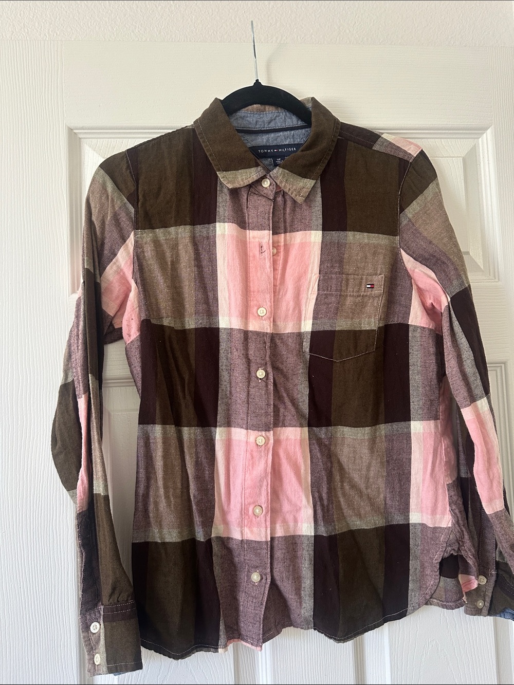 Tommy Hilfiger Pink and Brown Plaid Button-Down Shirt